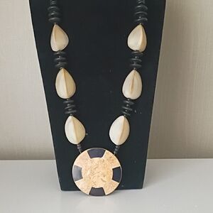 Vintage Tribal Wood And Mother Of Pearl Necklace .925 Clasp